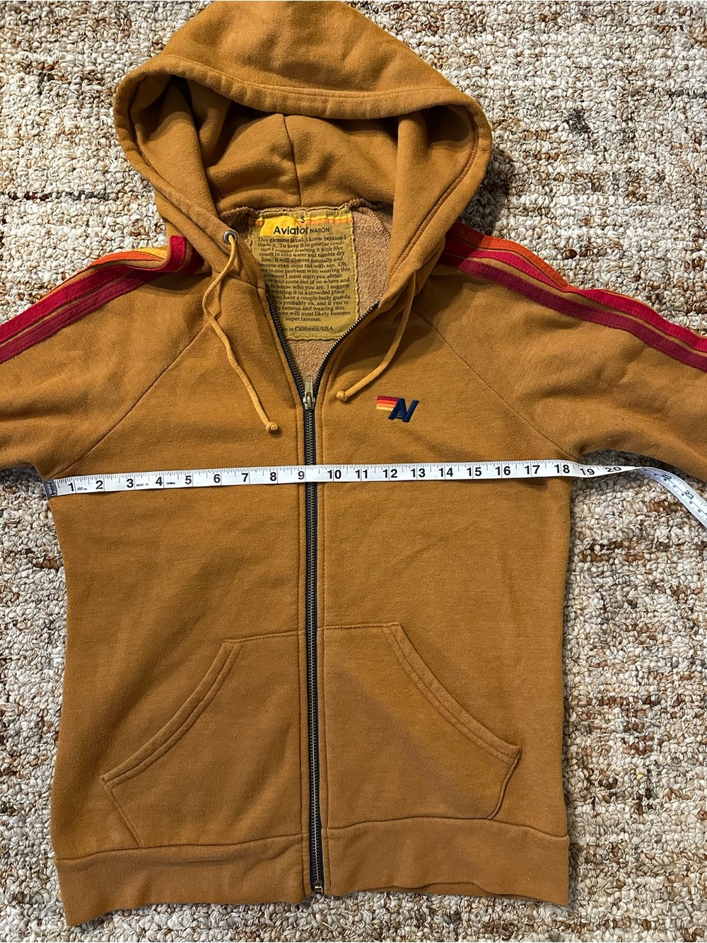 Aviator Nation Hooded Zip Sweater in Deep Mustard with Stripe Detail - Picture 4 of 5